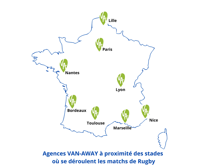 carte des villes de france pour matchs rugby coupe 2023 et agences van away 2